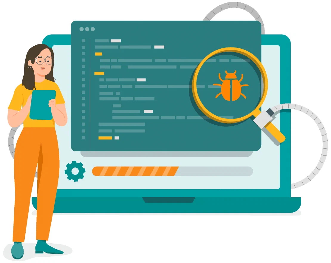 Woman doing manual testing on tablet while laptop with robot hand with magnifying glass is doing automation testing, finding a bug in the code.