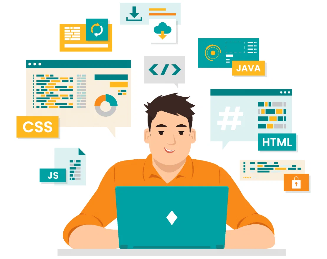 Developer working on laptop, with signs for CSS, HTML, JAVA and JS around him